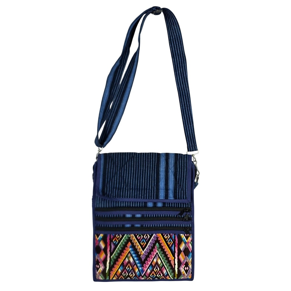Ruth y Nohemi Guatemala Hand Woven Cotton Crossbody Bag Blue Multi Pocket Travel